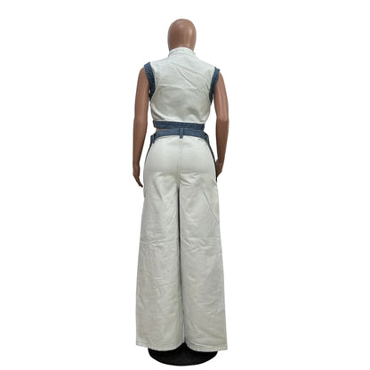 2 Pieces Women's Sets 2025 Spring Summer Denim Sleeveless Suit Tops And Wide Leg Pants Suits Two Piece Set Tracksuit Outfit