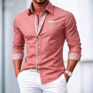 Men's shirt button-down shirt color block casual daily wear navy blue royal blue long sleeve cuffed spring and autumn clothing c