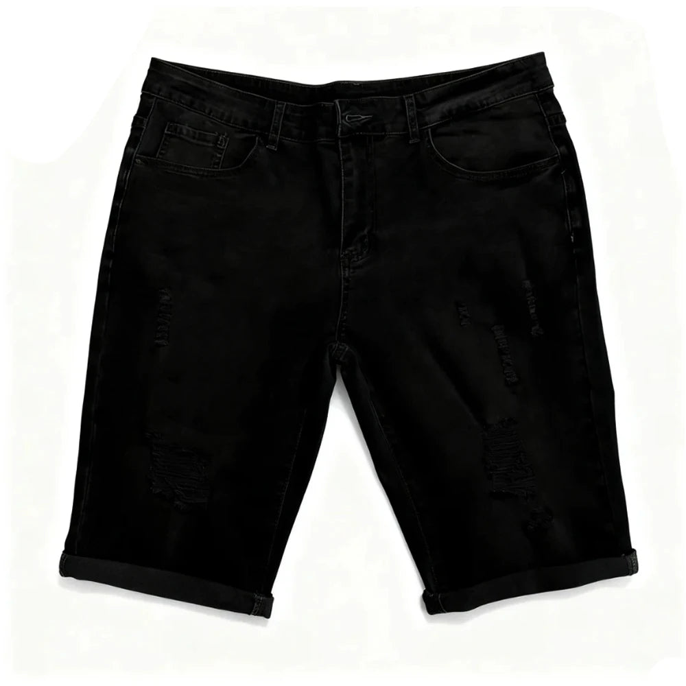 Summer Men's Retro High Waist Denim Shorts Hole-Punched Straight Leg Stretchy Casual Jeans Blue Black American Style Male Pants