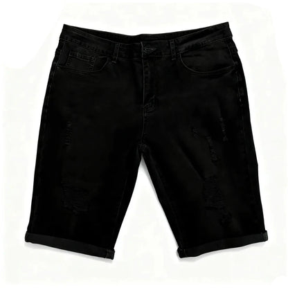 Summer Men's Retro High Waist Denim Shorts Hole-Punched Straight Leg Stretchy Casual Jeans Blue Black American Style Male Pants