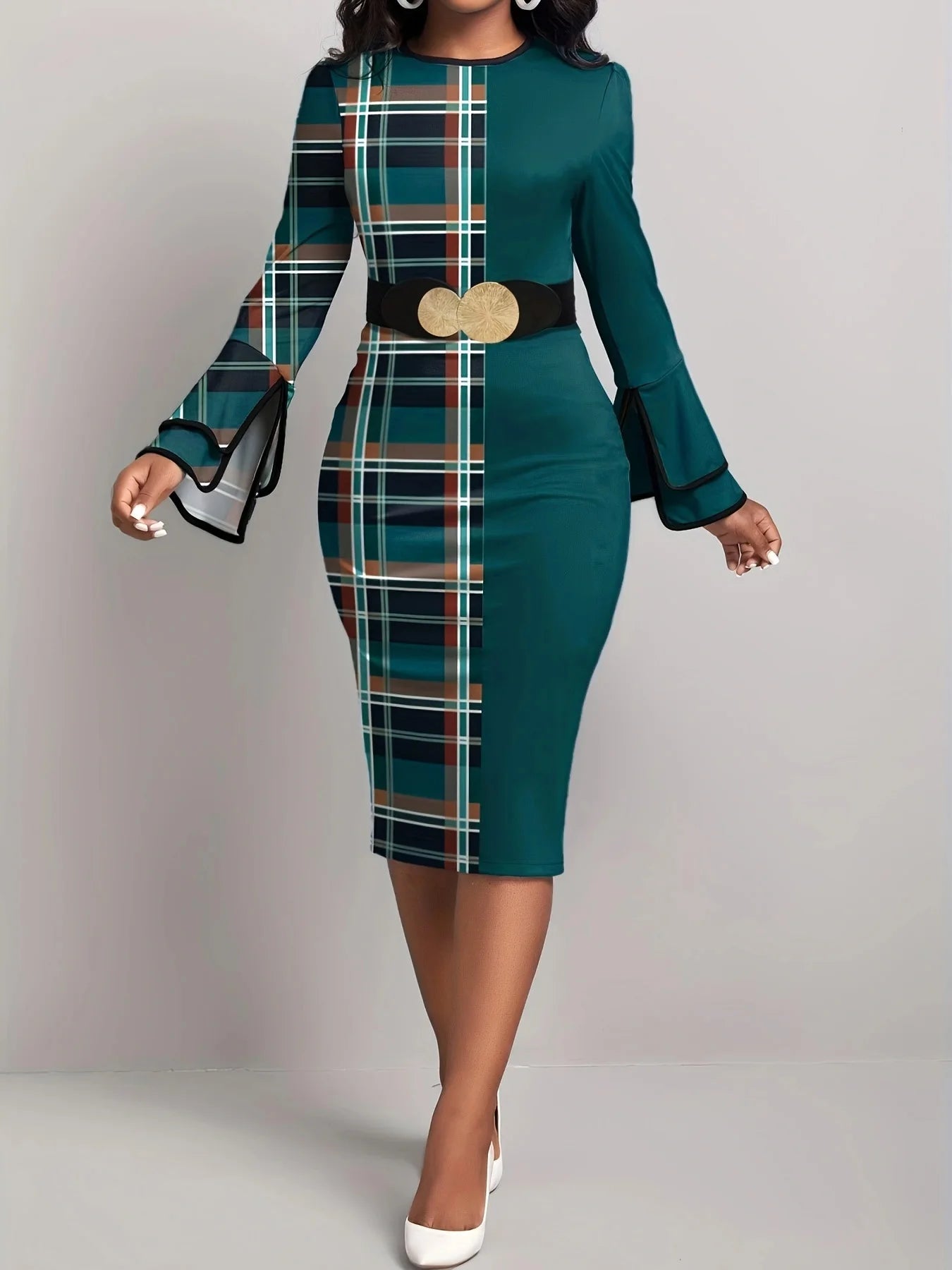 Women's Dress Plaid Patchwork Green Round Neck Tight Dress, No Belt