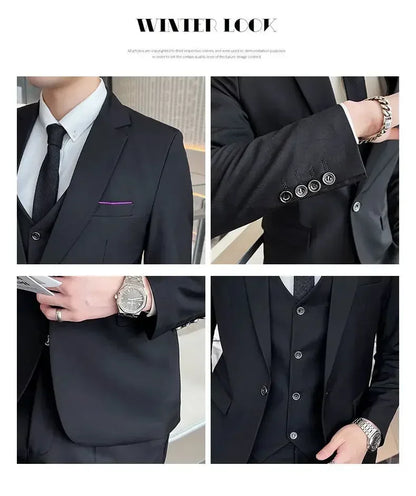 Suit (Blazer+ vest + trousers) Men's fashionable business solid-color wedding British-style workwear, casual performance suit