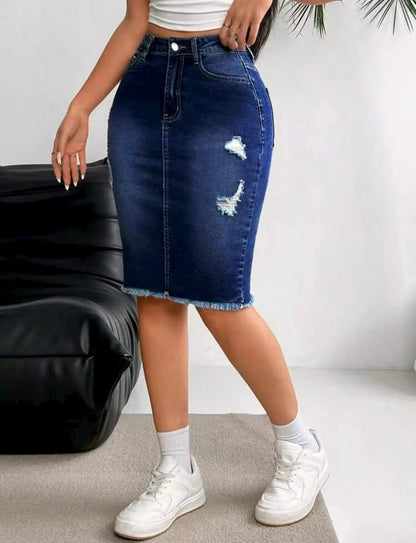 Ladies High-Waist Stretchy Denim Skirt with Ripped Frayed Hem Knee-Length One-Step Skirt for Women