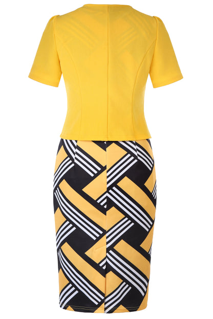 Women Geometry Print Office Lady Short Sleeve Cape Top and Pencil Dress Two Piece Suit Vestido
