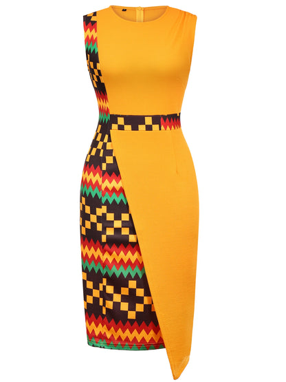 Womens Sleeveless Crew Neck Geometry Print Work Office Knee Length Colorblock Business Casual Party Pencil Bodycon Sheath Dress
