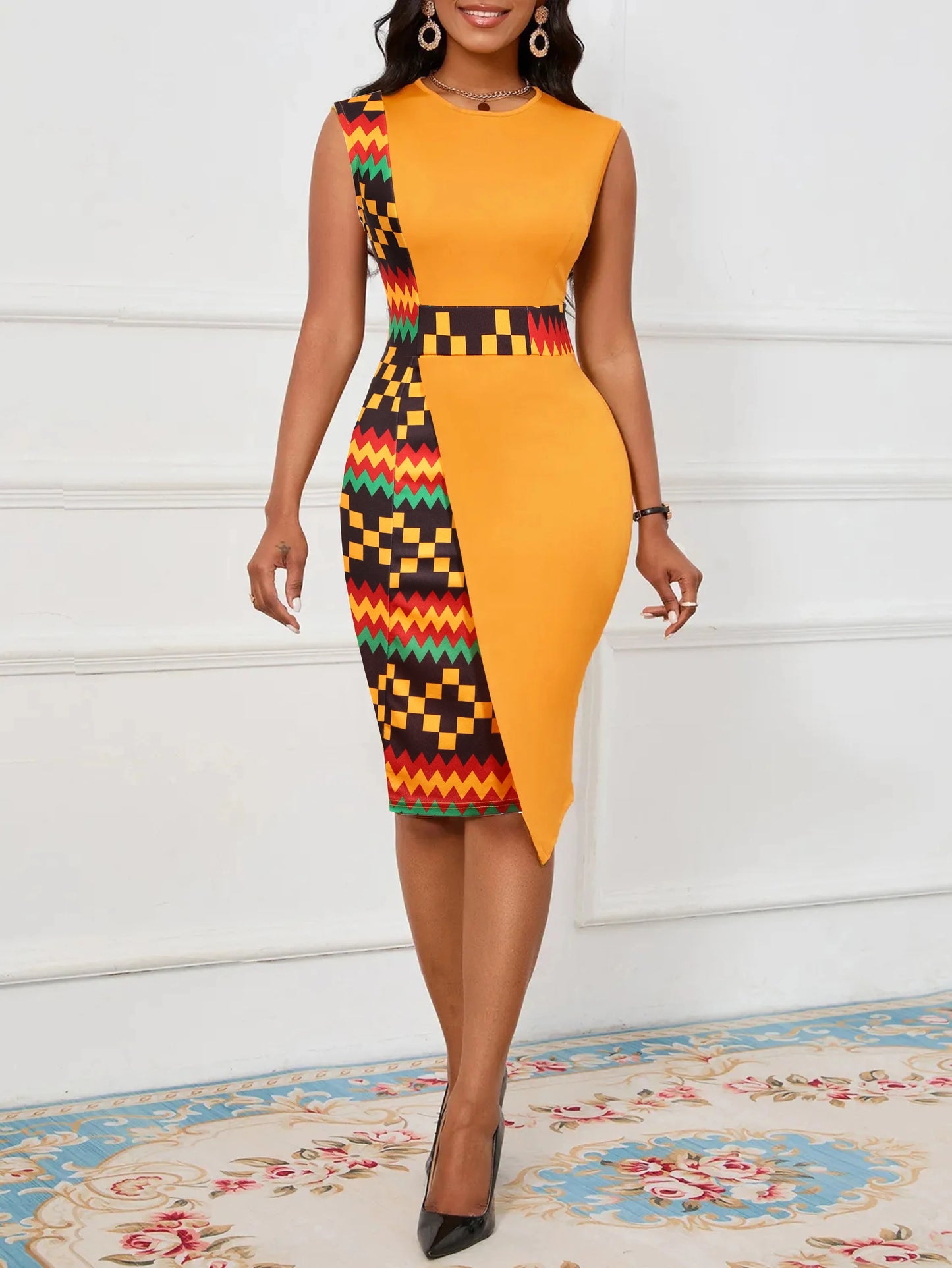 Womens Sleeveless Crew Neck Geometry Print Work Office Knee Length Colorblock Business Casual Party Pencil Bodycon Sheath Dress