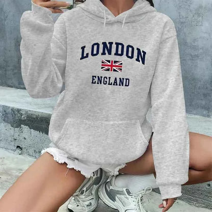 Women's Autumn and Winter Casual Fashion Loose London England Print Hooded Drawstring Long Sleeved Warm Pullover