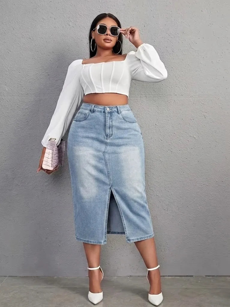Benuynffy Plus Size High Waist Front Split Denim Midi Skirt Women's New Fashion Vintage Streetwear Washed Bodycon Jean Skirts
