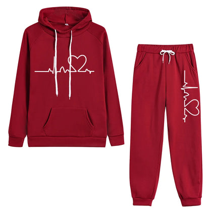 Womens Tracksuit Heart Printing Hooded Sweatshirts Suit Gym Jogging Clothing Autumn Winter Fleece Warm Popular Casual Pants Sets
