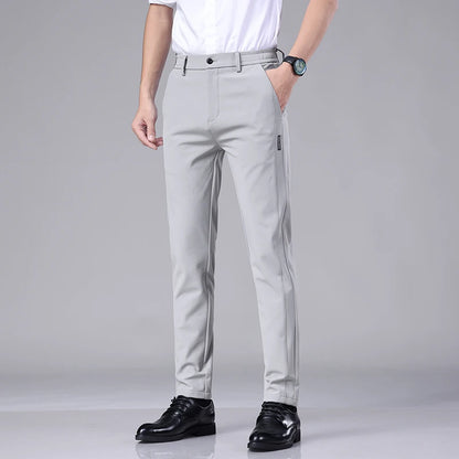 Ultra-thin Elastic Men's Casual Trousers Summer Quick-drying Ice Silk Slim Straight Business Solid Color Trousers Black Gray