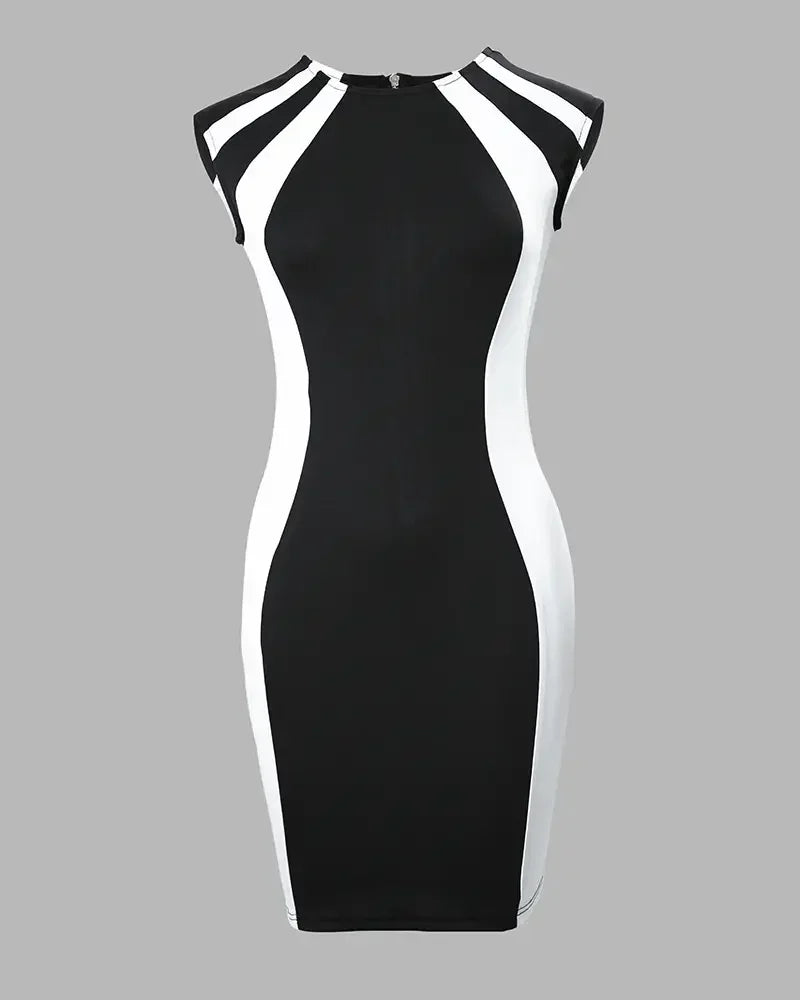 2025 Summer Women's Dresses Fashion Elegant Colorblock Round Neck Sleeveless Casual Bodycon Mini Daily Dress for Female