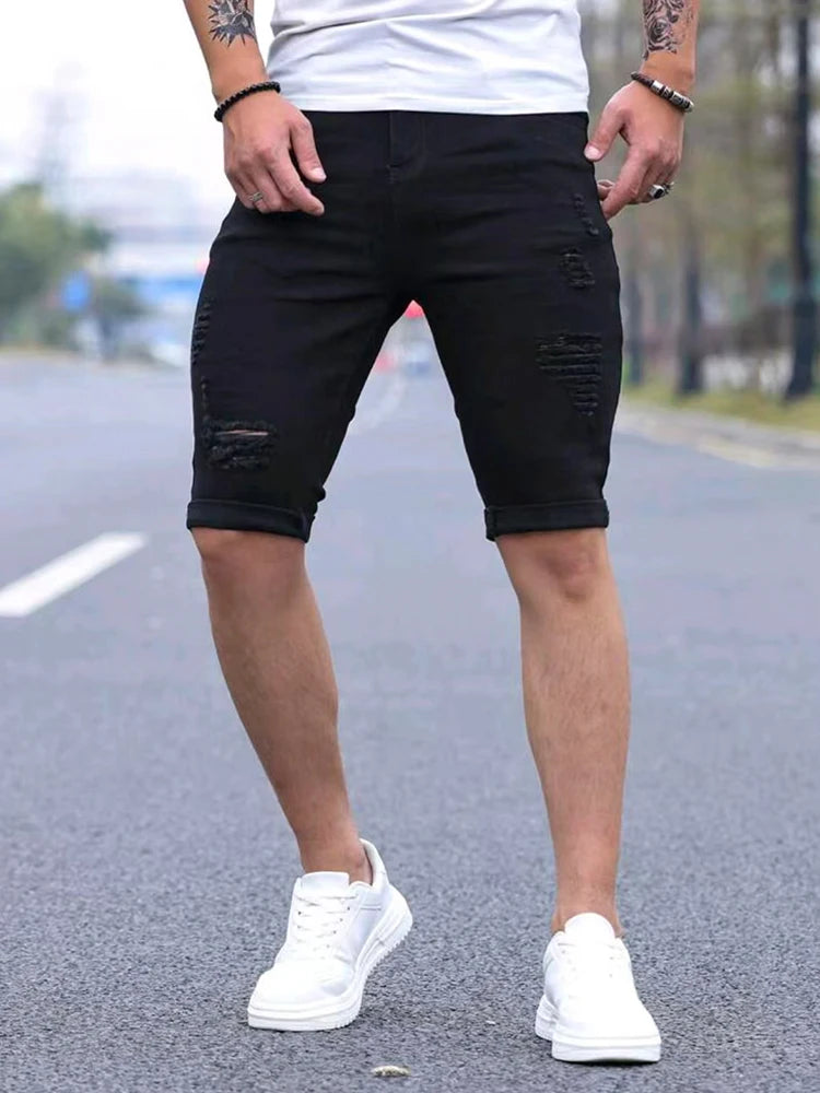 Summer Men's Retro High Waist Denim Shorts Hole-Punched Straight Leg Stretchy Casual Jeans Blue Black American Style Male Pants