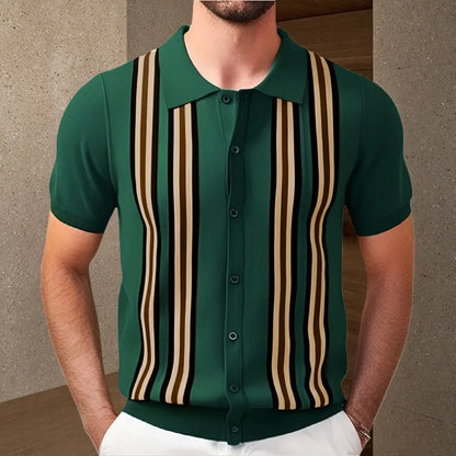 Men Striped Polo Shirts Single Breasted Tees Cardigan Knitted Short Sleeve Shirt Business Loose Tops Summer 2025 Buttons