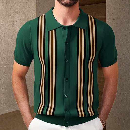 Men Striped Polo Shirts Single Breasted Tees Cardigan Knitted Short Sleeve Shirt Business Loose Tops Summer 2025 Buttons