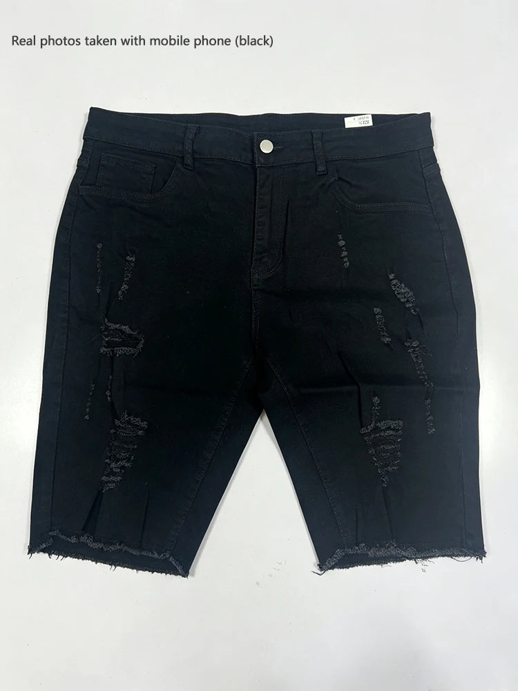 Skinny Ripped Denim Shorts Men's Summer Stretch Slim White Hole Jeans Hip-hop Rock Moto Knee Length Pants Fashion Streetwear