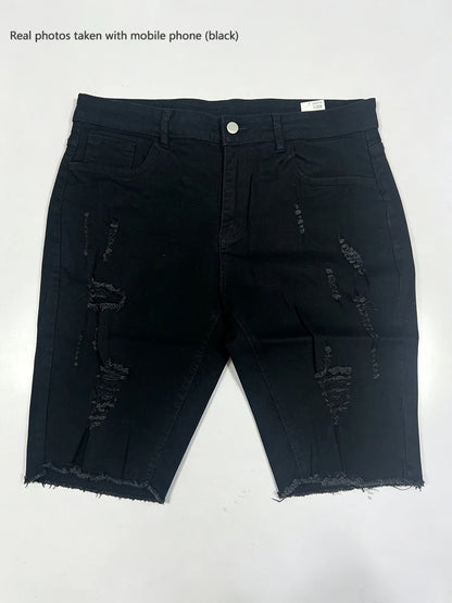 Skinny Ripped Denim Shorts Men's Summer Stretch Slim White Hole Jeans Hip-hop Rock Moto Knee Length Pants Fashion Streetwear