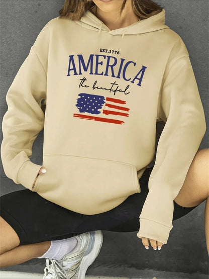 Women's Autumn and Winter Warm and Loose Casual American Flag Pattern Printed Suede Long Sleeved Hooded Sweatshirt Clothing