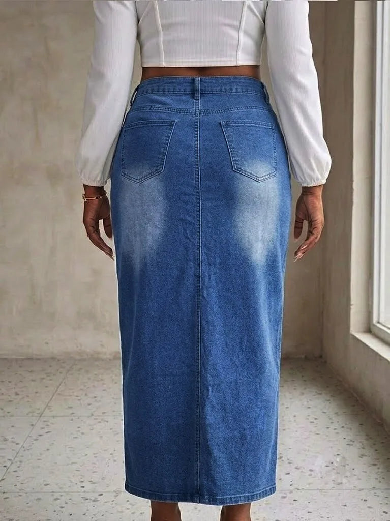 Benuynffy Plus Size High Waist Front Split Denim Midi Skirt Women's New Fashion Vintage Streetwear Washed Bodycon Jean Skirts