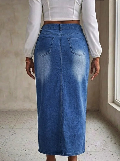 Benuynffy Plus Size High Waist Front Split Denim Midi Skirt Women's New Fashion Vintage Streetwear Washed Bodycon Jean Skirts