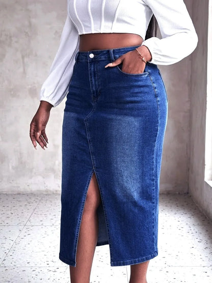 Benuynffy Plus Size High Waist Front Split Denim Midi Skirt Women's New Fashion Vintage Streetwear Washed Bodycon Jean Skirts