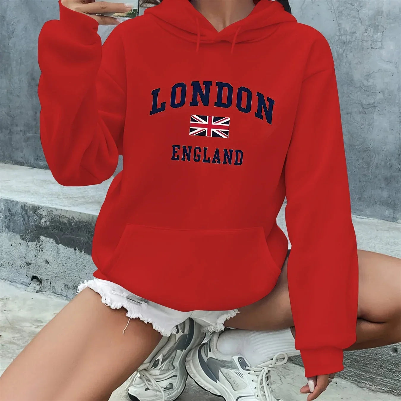 Women's Autumn and Winter Casual Fashion Loose London England Print Hooded Drawstring Long Sleeved Warm Pullover