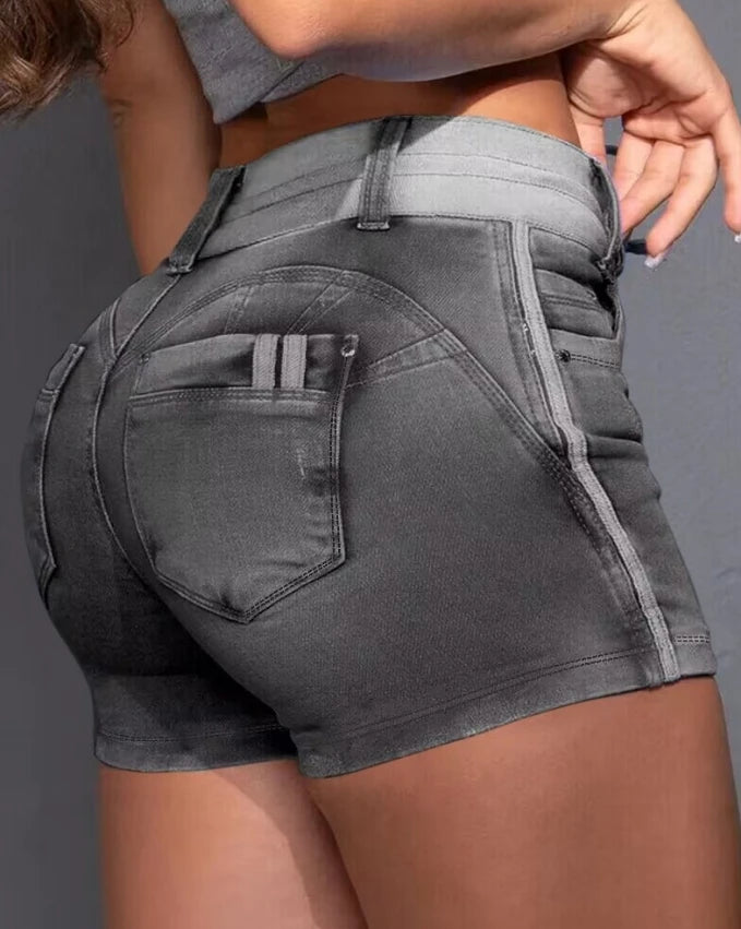 Women's Shorts 2025 Summer Fashion Contrast Binding Ripped Drawstring High Waist Pocket Design Streetwear Casual Denim Skorts