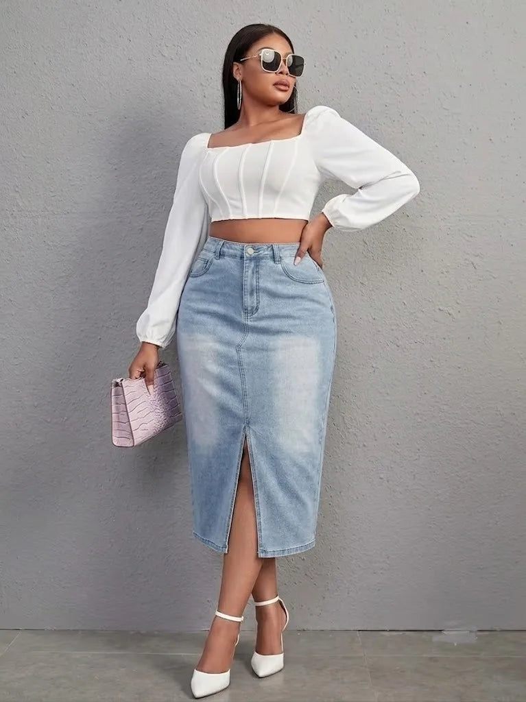 Benuynffy Plus Size High Waist Front Split Denim Midi Skirt Women's New Fashion Vintage Streetwear Washed Bodycon Jean Skirts