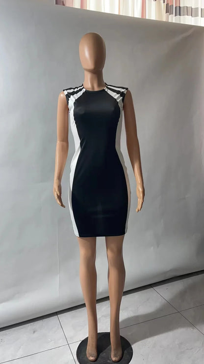 2025 Summer Women's Dresses Fashion Elegant Colorblock Round Neck Sleeveless Casual Bodycon Mini Daily Dress for Female