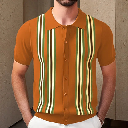 Men Striped Polo Shirts Single Breasted Tees Cardigan Knitted Short Sleeve Shirt Business Loose Tops Summer 2025 Buttons