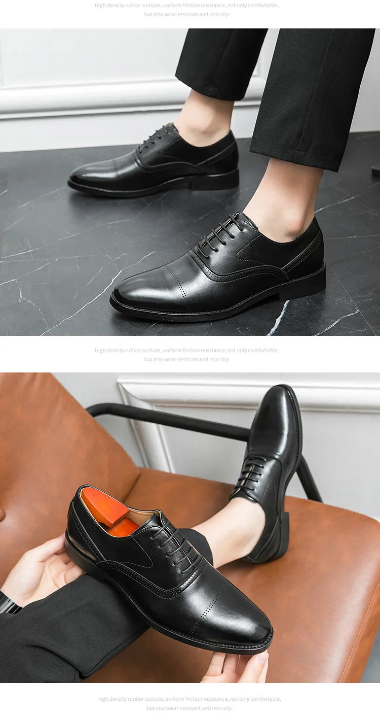 Designer Brand Black Leather Shoes for Men Wed Dress Shoe Lace Up Casual Business Oxfords Point Toe Office Formal Shoes for Male