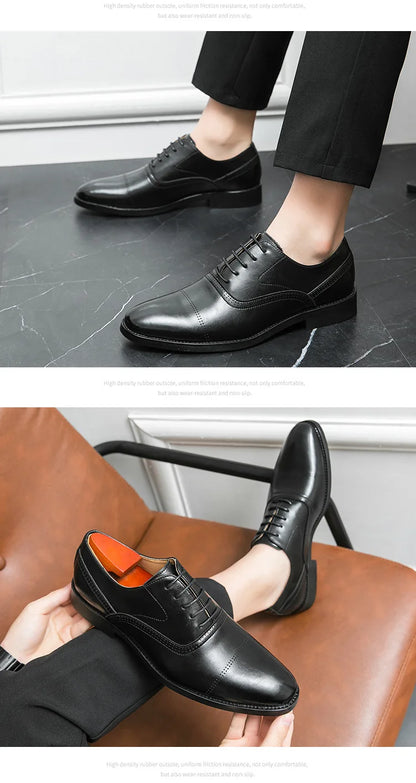 Designer Brand Black Leather Shoes for Men Wed Dress Shoe Lace Up Casual Business Oxfords Point Toe Office Formal Shoes for Male