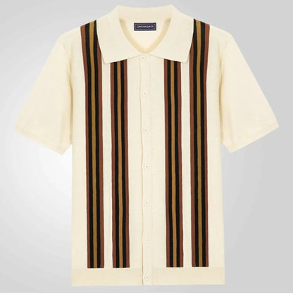 Men Striped Polo Shirts Single Breasted Tees Cardigan Knitted Short Sleeve Shirt Business Loose Tops Summer 2025 Buttons