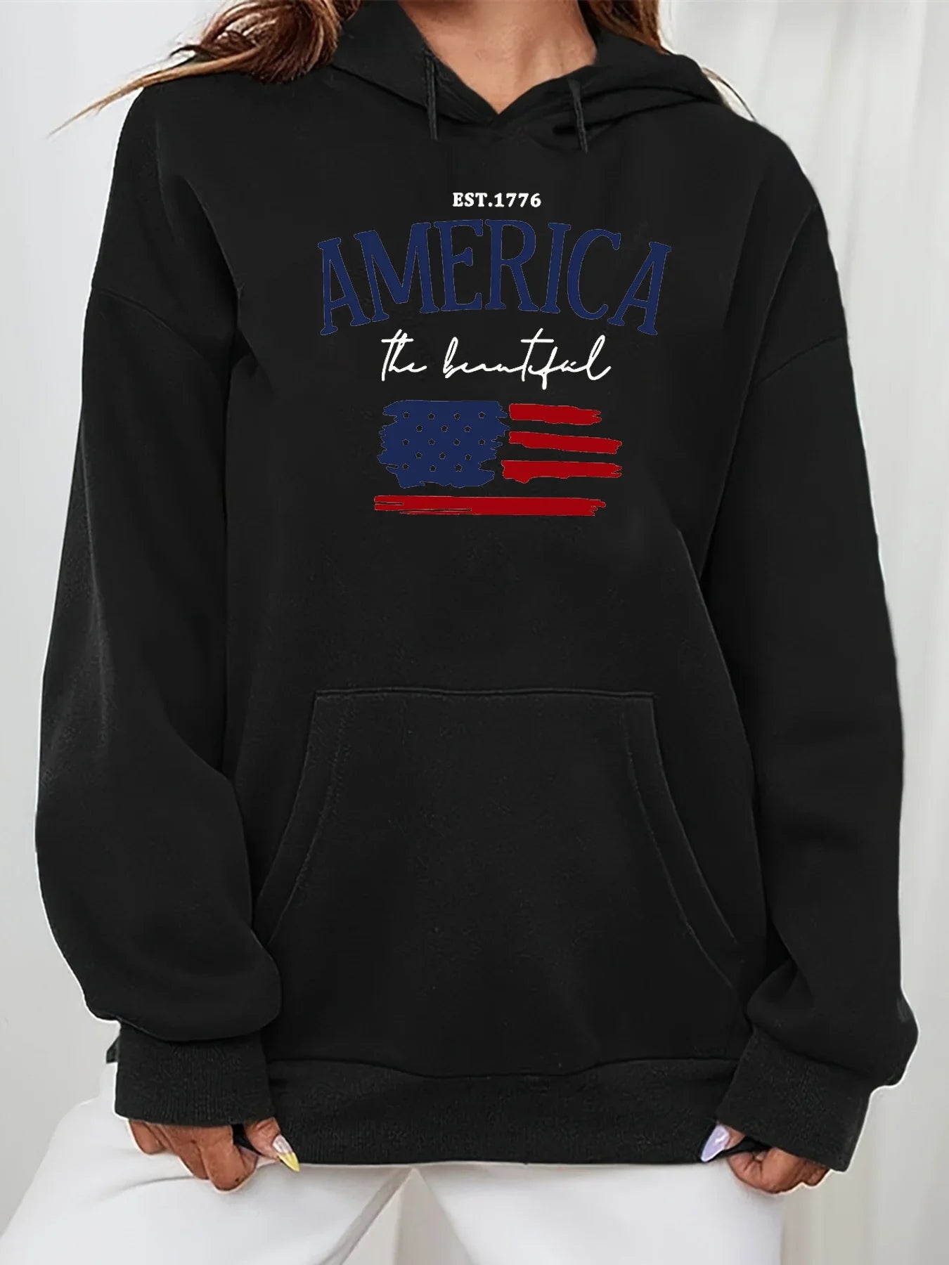 Women's Autumn and Winter Warm and Loose Casual American Flag Pattern Printed Suede Long Sleeved Hooded Sweatshirt Clothing
