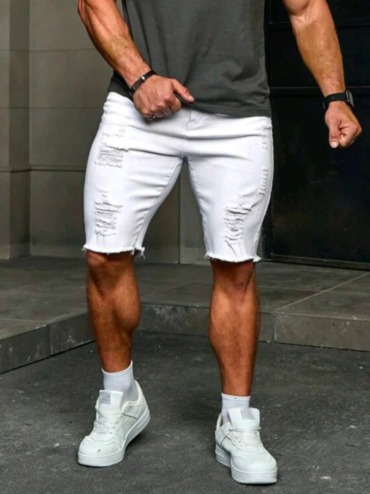 Skinny Ripped Denim Shorts Men's Summer Stretch Slim White Hole Jeans Hip-hop Rock Moto Knee Length Pants Fashion Streetwear