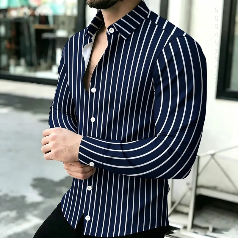 2026 Hot Selling Light Luxury Men's Shirt Striped Shirt Blue and White Vertical Striped Shirt Casual Outdoor Men's Shirt