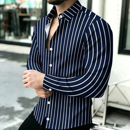 2026 Hot Selling Light Luxury Men's Shirt Striped Shirt Blue and White Vertical Striped Shirt Casual Outdoor Men's Shirt