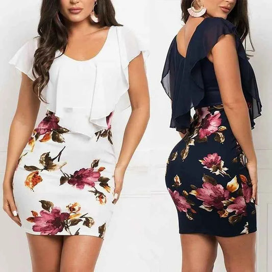 Dress Women Summer 2023 Sexy Floral Printing Splicing Printed Slim Mini O Neck Dresses Casual Vestidos ZCQZ9