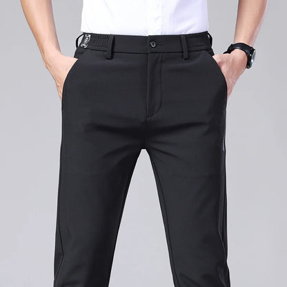 Ultra-thin Elastic Men's Casual Trousers Summer Quick-drying Ice Silk Slim Straight Business Solid Color Trousers Black Gray
