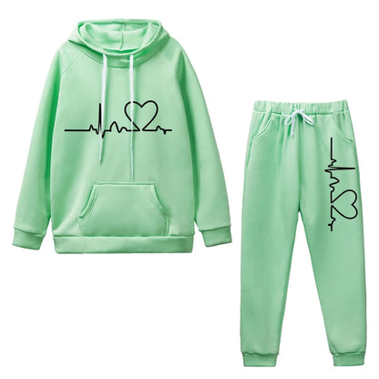 Womens Tracksuit Heart Printing Hooded Sweatshirts Suit Gym Jogging Clothing Autumn Winter Fleece Warm Popular Casual Pants Sets