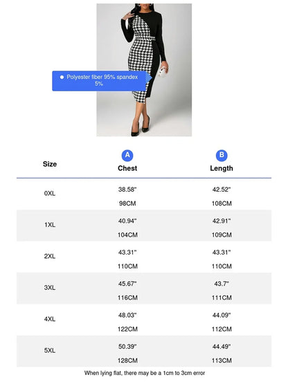 Plus Size Women Elegant Dress Thousand-Bird Lattice Color Contrast Printed Long-Sleeved OL Commuter Wind Bag Hip Elastic Dress