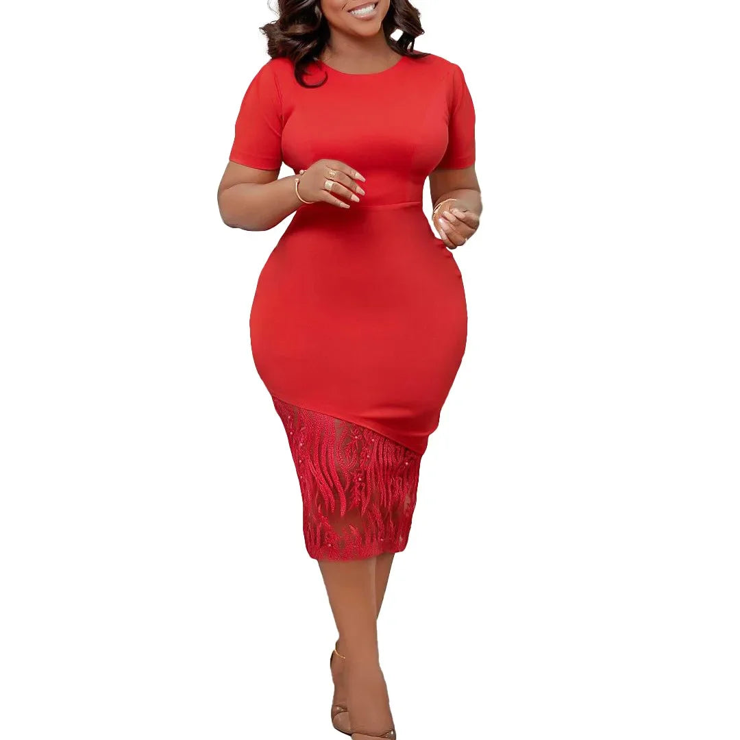 African Dresses For Women Dashiki Summer O Neck Sexy Lace Short Sleeve Vestidos Fashion Casual Female Midi Pencil Dress 2023