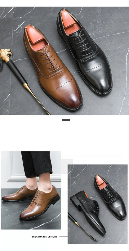 Designer Brand Black Leather Shoes for Men Wed Dress Shoe Lace Up Casual Business Oxfords Point Toe Office Formal Shoes for Male