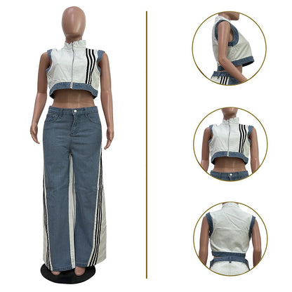 2 Pieces Women's Sets 2025 Spring Summer Denim Sleeveless Suit Tops And Wide Leg Pants Suits Two Piece Set Tracksuit Outfit
