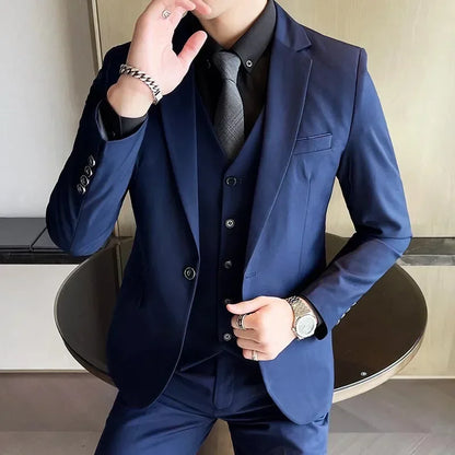 Suit (Blazer+ vest + trousers) Men's fashionable business solid-color wedding British-style workwear, casual performance suit