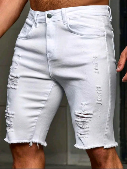 Skinny Ripped Denim Shorts Men's Summer Stretch Slim White Hole Jeans Hip-hop Rock Moto Knee Length Pants Fashion Streetwear