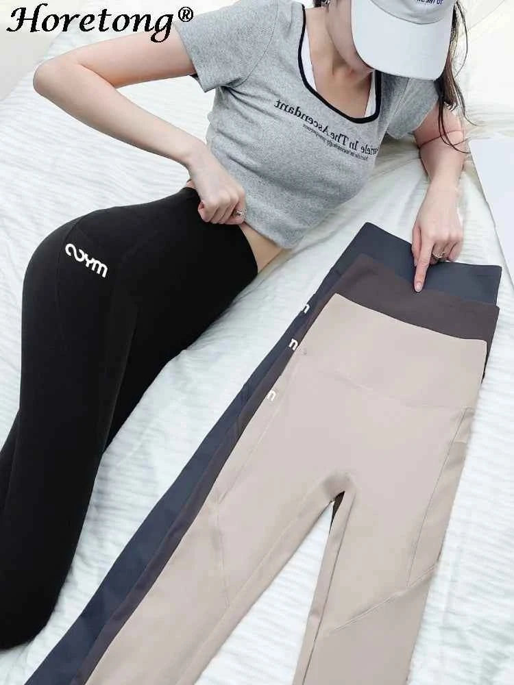Horetong Women Sports Pants With Pocket High Waist Fitness Running Casual Streetwear Trousers Female Tight Workout Gym Clothing