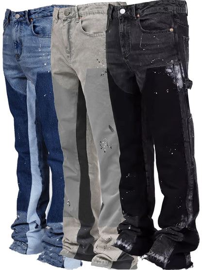 2025 New Fashionable high street brand men's jeans loose straight leg casual pants American retro micro trumpet starry sky jeans