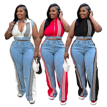 2 Pieces Women's Sets 2025 Spring Summer Denim Sleeveless Suit Tops And Wide Leg Pants Suits Two Piece Set Tracksuit Outfit