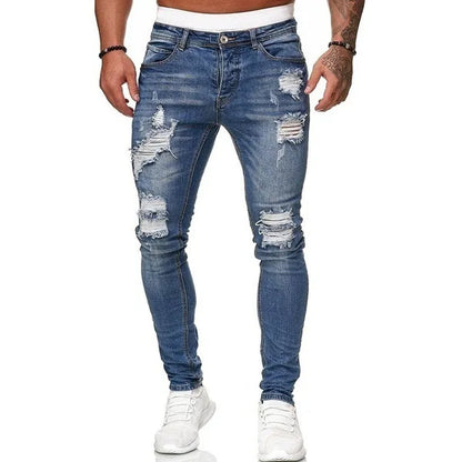Ripped Mid Waist Slim Fit Men Jeans Vintage Denim Wash Solid Punk Style Skinny Pencil Pants Distressed Holes Ankle Length