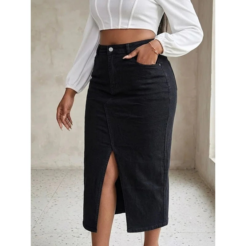 Benuynffy Plus Size High Waist Front Split Denim Midi Skirt Women's New Fashion Vintage Streetwear Washed Bodycon Jean Skirts